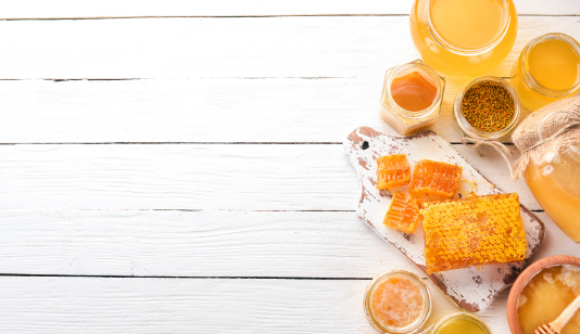 A display of honey products