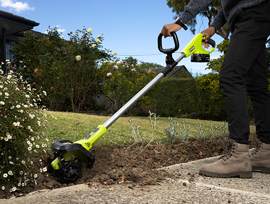 A Ryobi cultivator used to prepared soil for planting