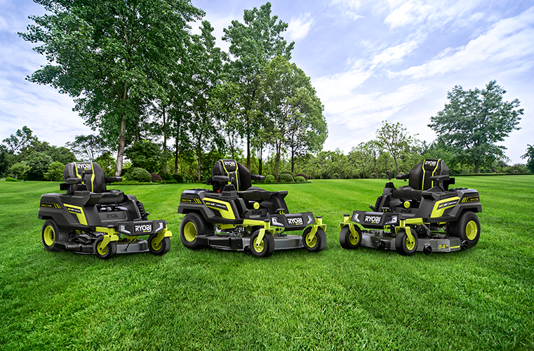 Three Ryobi 80V Ride-on Mower models displayed in a grassy field