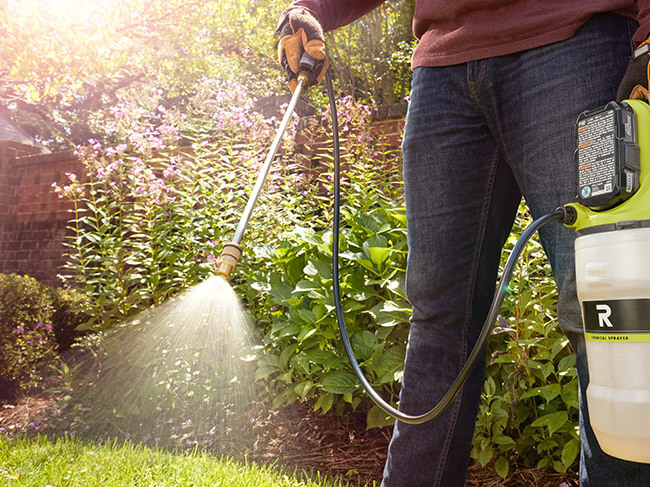 A person using a RYOBI garden sprayer to spray their lawn, showing foliage in the background. 
