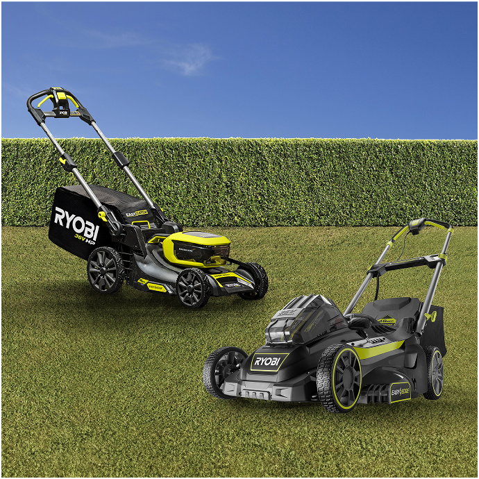 Two RYOBI Lawn Mowers displayed on a freshly cut lawn.