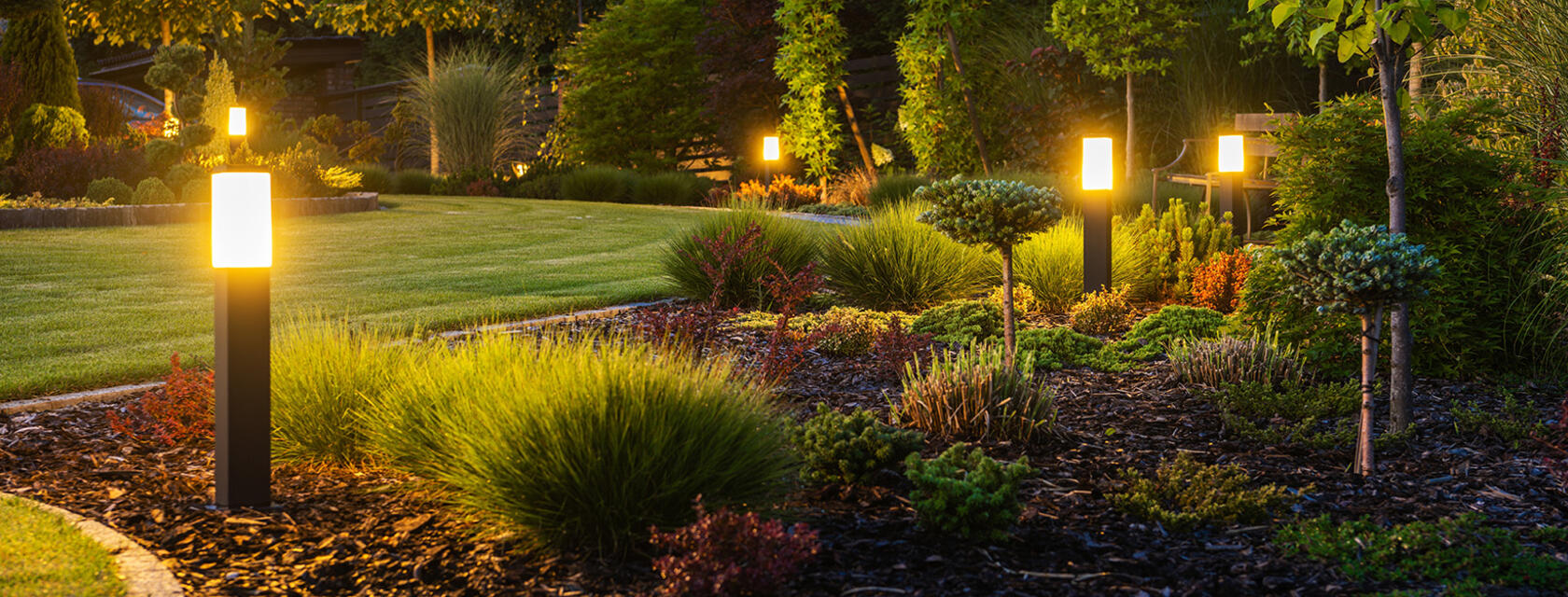 A well lit, manicured garden
