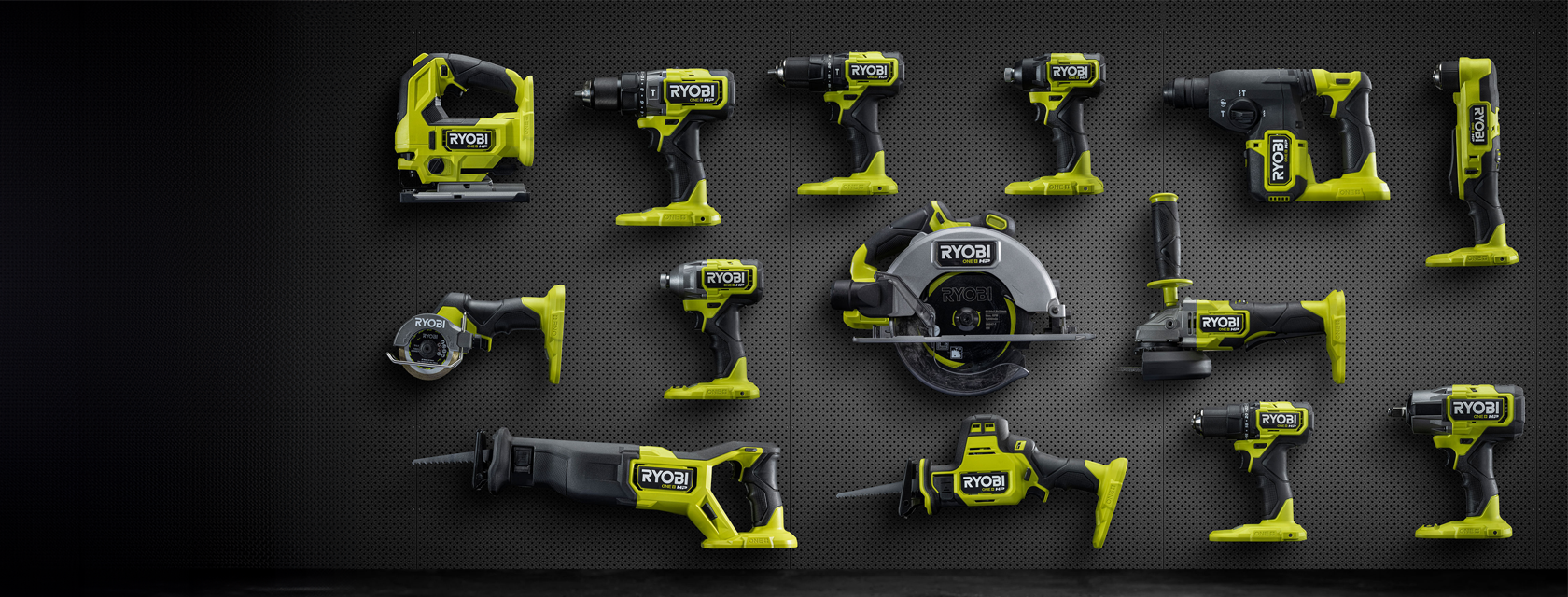 RYOBI ONE+ HP power tool range on black pegboard background