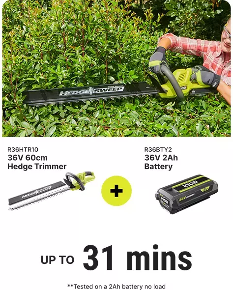 R36HTR10 Hedge Trimmer + R36BTY2 36V 2Ah Battery runtime