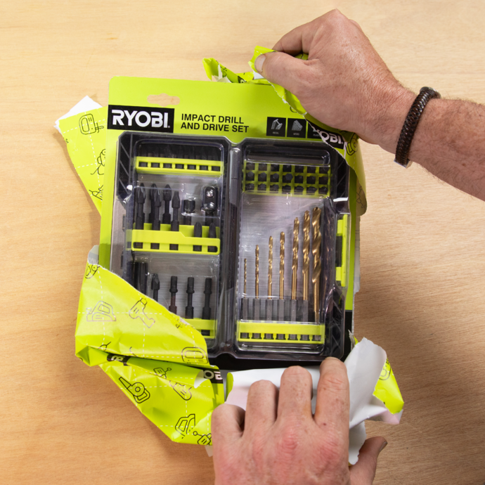 Unwrapping a RYOBI Drill Drive set