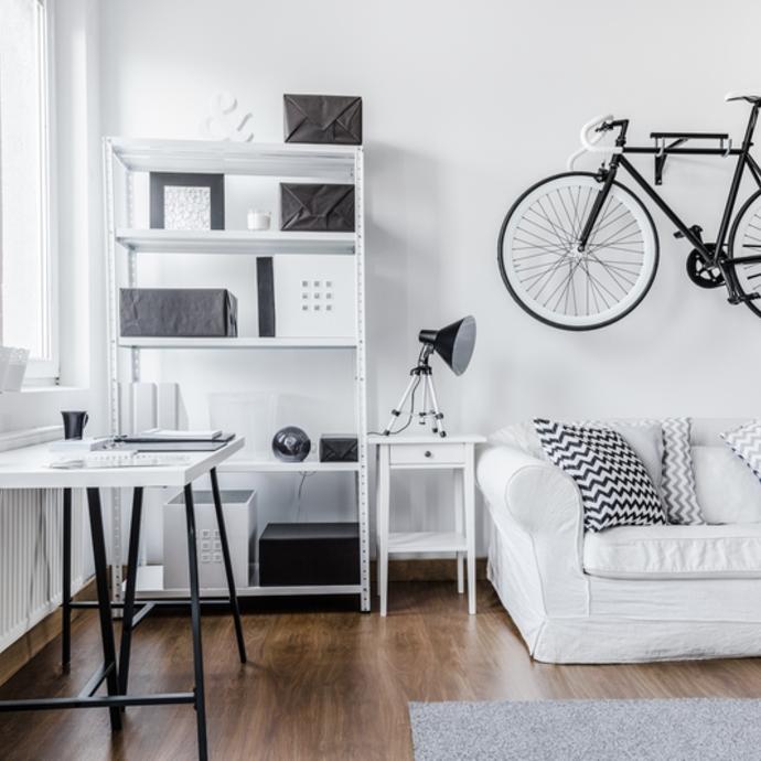 A black and white, minimalist living room